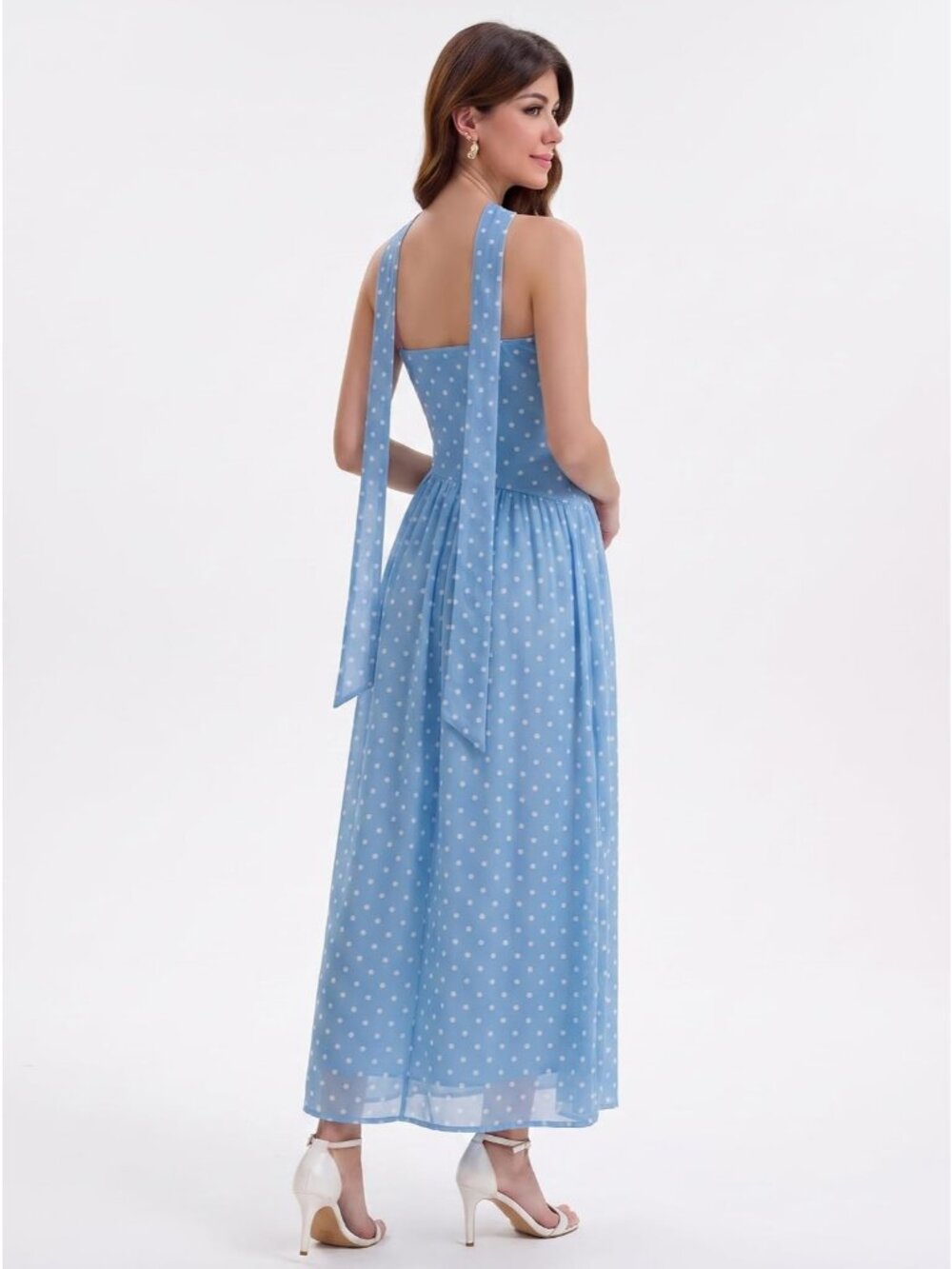 Women's Blue-Polka-Dot Strapless Ruched Elastic Waist Flowy Aline Fit Maxi Dress - Picture 6 of 6